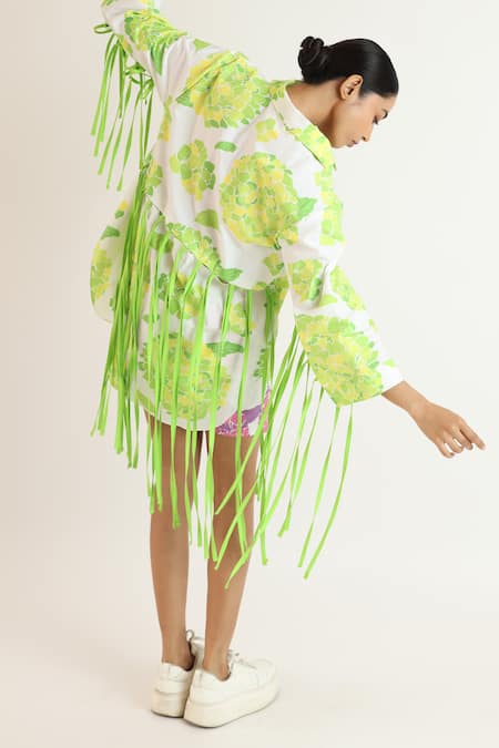 Shop_Studio Moda India_White Cotton Collared Floral Print Long U Hem Shirt _at_Aza_Fashions