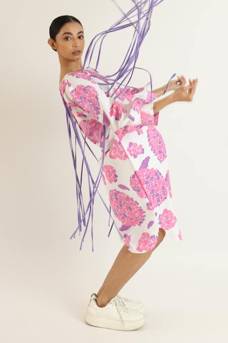 Studio Moda India_White Cotton Round Neck Floral Print Midi Dress _Online_at_Aza_Fashions