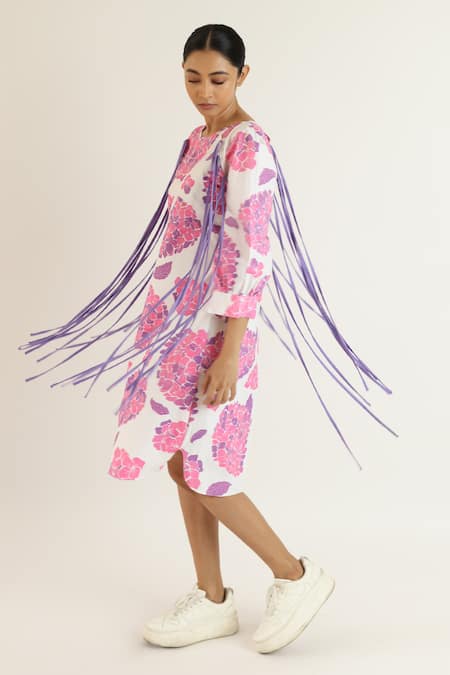 Buy_Studio Moda India_White Cotton Round Neck Floral Print Midi Dress _Online_at_Aza_Fashions