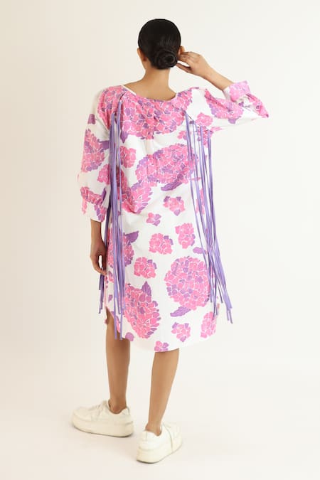 Shop_Studio Moda India_White Cotton Round Neck Floral Print Midi Dress _at_Aza_Fashions