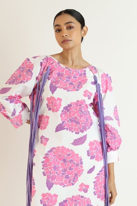 Shop_Studio Moda India_White Cotton Round Neck Floral Print Midi Dress _Online_at_Aza_Fashions