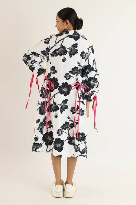 Shop_Studio Moda India_Black Cotton Ribbons Collared Bloom Print Midi Dress _at_Aza_Fashions