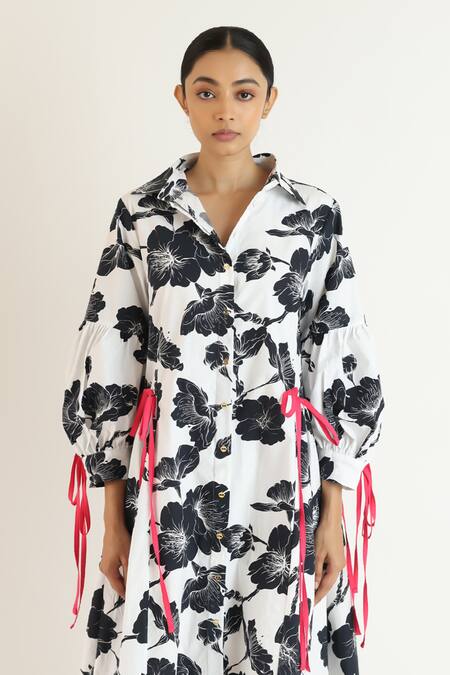 Studio Moda India_Black Cotton Ribbons Collared Bloom Print Midi Dress _Online_at_Aza_Fashions