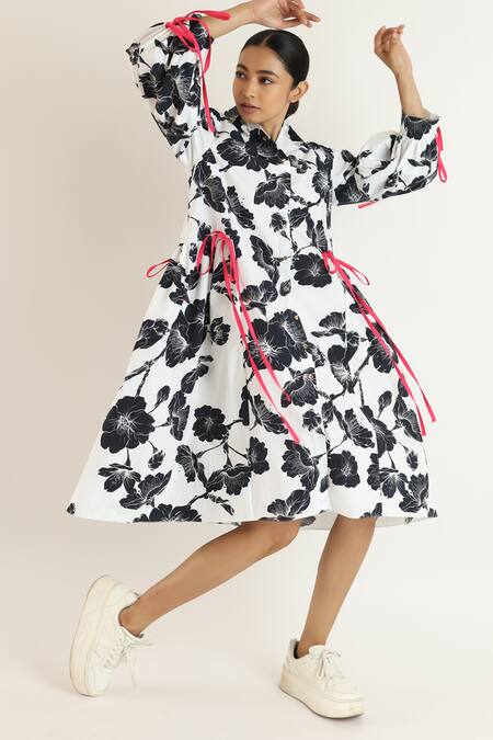 Buy_Studio Moda India_Black Cotton Ribbons Collared Bloom Print Midi Dress _Online_at_Aza_Fashions
