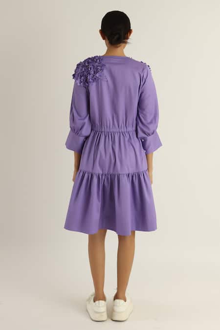Shop_Studio Moda India_Purple Cotton Applique Round Neck Hydrangea Midi Dress _at_Aza_Fashions