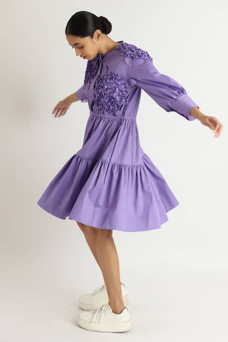 Studio Moda India_Purple Cotton Applique Round Neck Hydrangea Midi Dress _Online_at_Aza_Fashions