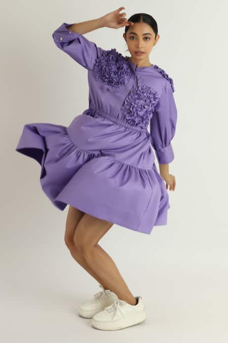 Buy_Studio Moda India_Purple Cotton Applique Round Neck Hydrangea Midi Dress _Online_at_Aza_Fashions