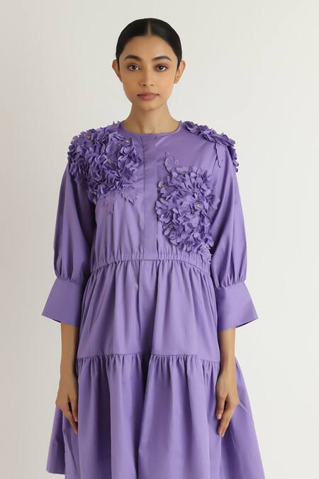 Shop Studio Moda India Purple Cotton Applique Round Neck Hydrangea Midi Dress Online at Aza Fashions Shop_Studio Moda India_Purple Cotton Applique Round Neck Hydrangea Midi Dress _Online_at_Aza_Fashions