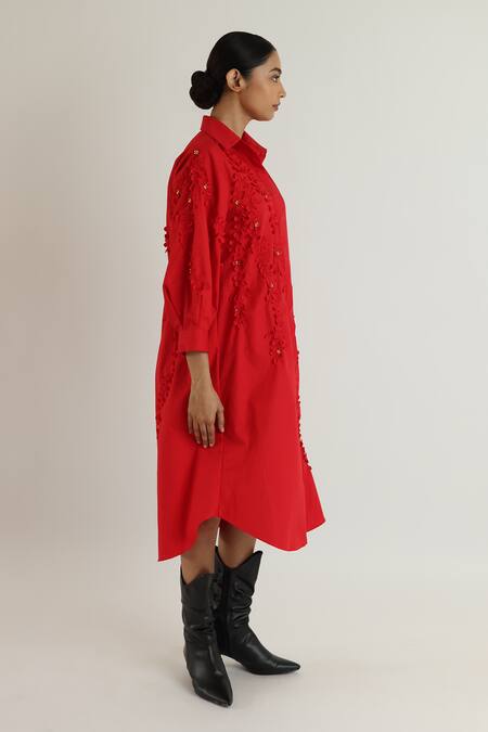 Studio Moda India_Red Cotton Applique Collared Cherry Blossom Midi Dress _Online_at_Aza_Fashions