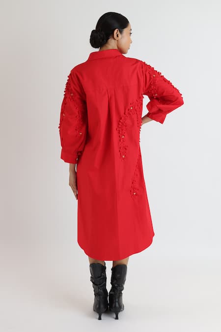 Shop_Studio Moda India_Red Cotton Applique Collared Cherry Blossom Midi Dress _at_Aza_Fashions