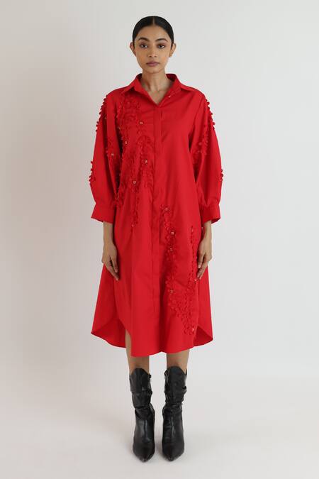 Buy_Studio Moda India_Red Cotton Applique Collared Cherry Blossom Midi Dress _Online_at_Aza_Fashions