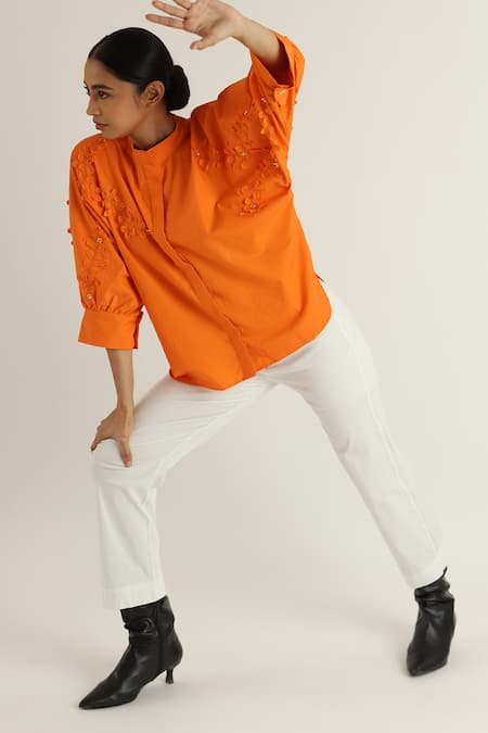 Studio Moda India_Orange Cotton Applique Bandeau Neck Cherry Blossom Shirt _Online_at_Aza_Fashions