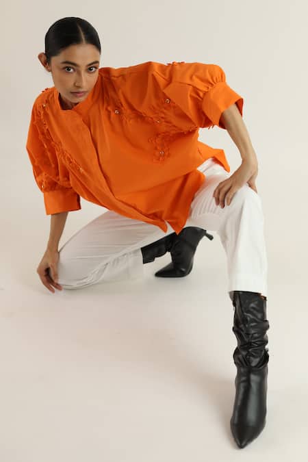 Buy_Studio Moda India_Orange Cotton Applique Bandeau Neck Cherry Blossom Shirt _Online_at_Aza_Fashions