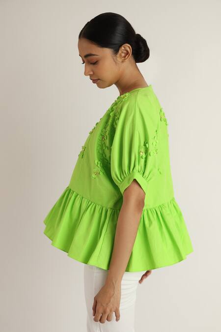 Studio Moda India_Green Cotton Embroidery Round Neck Floral Applique Peplum Top _Online_at_Aza_Fashions