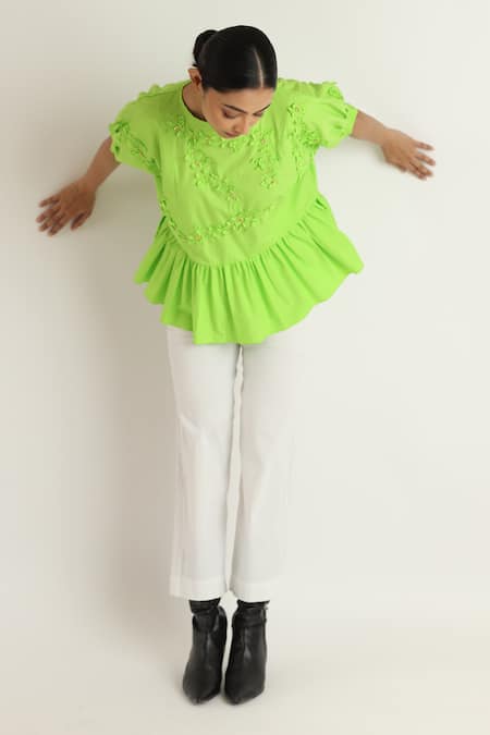 Buy_Studio Moda India_Green Cotton Embroidery Round Neck Floral Applique Peplum Top _Online_at_Aza_Fashions