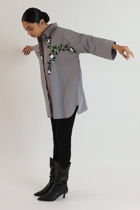 Studio Moda India_Gray Cotton Applique Collared Boxy Embroidered Shirt _Online_at_Aza_Fashions