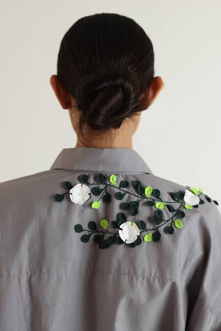 Buy_Studio Moda India_Gray Cotton Applique Collared Boxy Embroidered Shirt _Online_at_Aza_Fashions