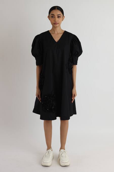 Studio Moda India Black Hydrangea Applique Tent Dress 