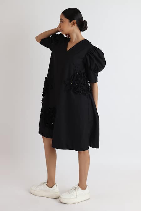 Studio Moda India_Black Cotton Applique V-neck Hydrangea Tent Dress _Online_at_Aza_Fashions