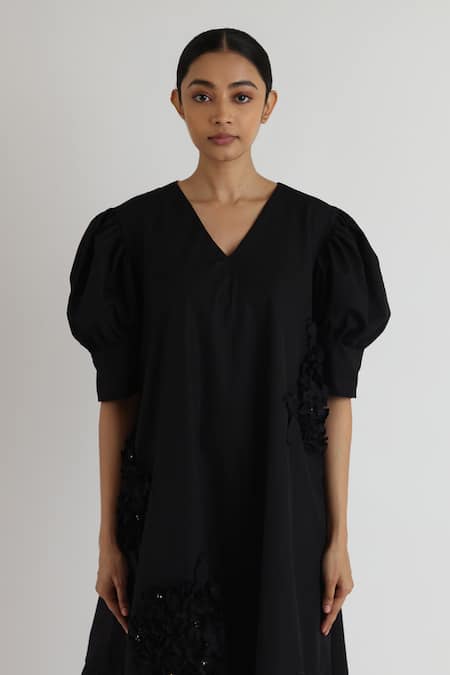 Buy_Studio Moda India_Black Cotton Applique V-neck Hydrangea Tent Dress _Online_at_Aza_Fashions