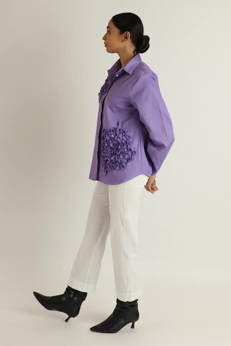 Studio Moda India_Purple Cotton Applique Collared Hydrangea Shirt _Online_at_Aza_Fashions