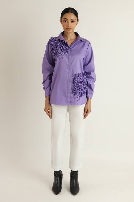 Buy_Studio Moda India_Purple Cotton Applique Collared Hydrangea Shirt _Online_at_Aza_Fashions
