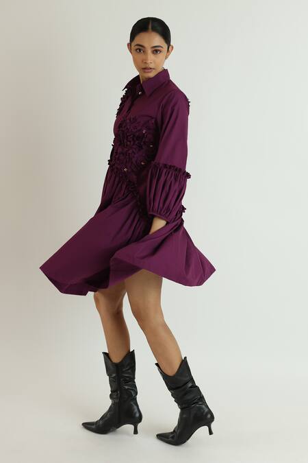 Studio Moda India_Purple Cotton Applique Collared Hydrangea Tiered Dress_Online_at_Aza_Fashions