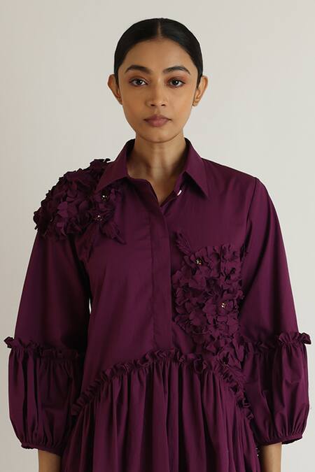 Buy Studio Moda India Purple Cotton Applique Collared Hydrangea Tiered Dress Online at Aza Fashions Buy_Studio Moda India_Purple Cotton Applique Collared Hydrangea Tiered Dress_Online_at_Aza_Fashions