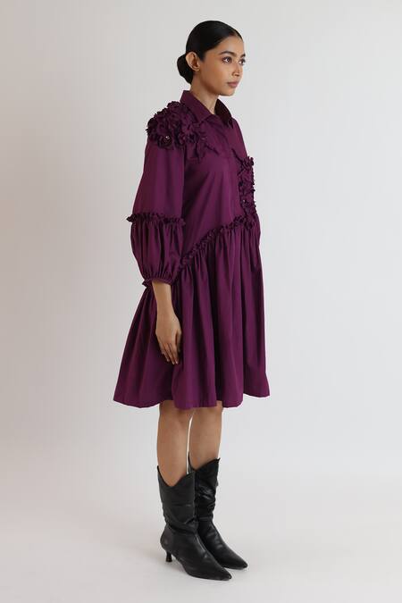 Shop_Studio Moda India_Purple Cotton Applique Collared Hydrangea Tiered Dress_Online_at_Aza_Fashions
