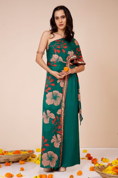 Label Niyami_Green Modal, Satin Sequins One Hibiscus Print Asymmetric Tunic And Palazzo Set _Online_at_Aza_Fashions