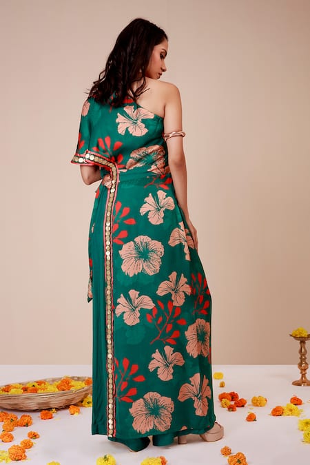 Label Niyami Hibiscus Print Asymmetric Tunic & Palazzo Set 