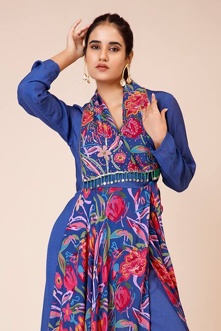 Label Niyami_Blue Modal, Muslin Sequins Rose Print Trench Coat And Pant Set _Online_at_Aza_Fashions