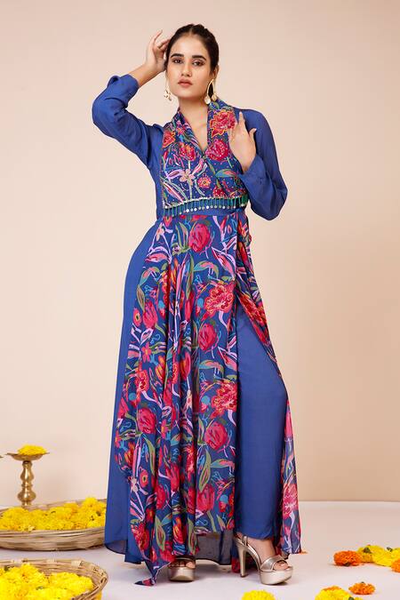 Buy_Label Niyami_Blue Modal, Muslin Sequins Rose Print Trench Coat And Pant Set _Online_at_Aza_Fashions