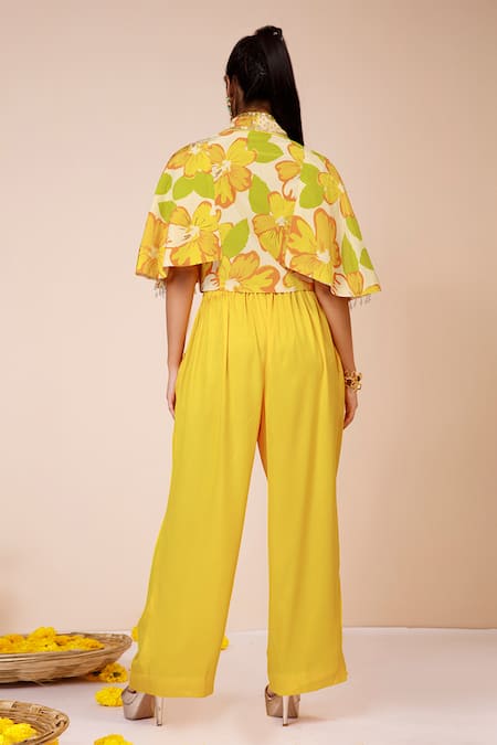 Label Niyami Sunflower Print Sequin Cape Blazer Set 