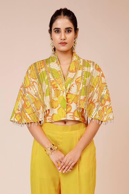 Label Niyami_Yellow Satin, Bamboo Sequins Sunflower Print Cape Blazer Set _Online_at_Aza_Fashions