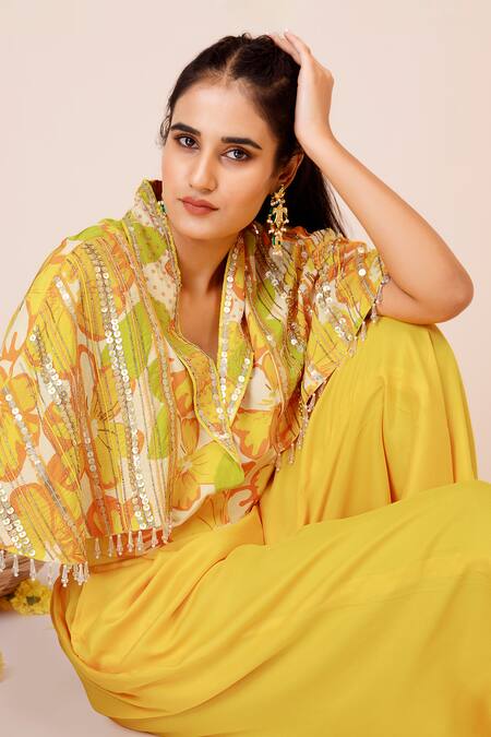 Buy_Label Niyami_Yellow Satin, Bamboo Sequins Sunflower Print Cape Blazer Set _Online_at_Aza_Fashions