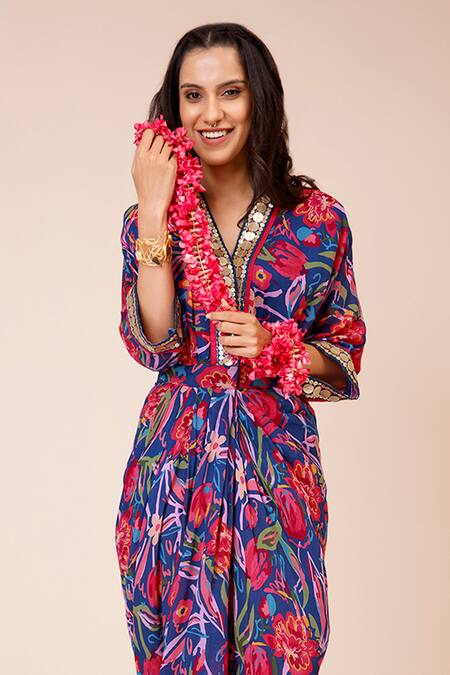 Buy Label Niyami Blue Modal, Muslin Sequins V-neck Rose Print Draped Maxi Dress Online at Aza Fashions Buy_Label Niyami_Blue Modal, Muslin Sequins V-neck Rose Print Draped Maxi Dress _Online_at_Aza_Fashions