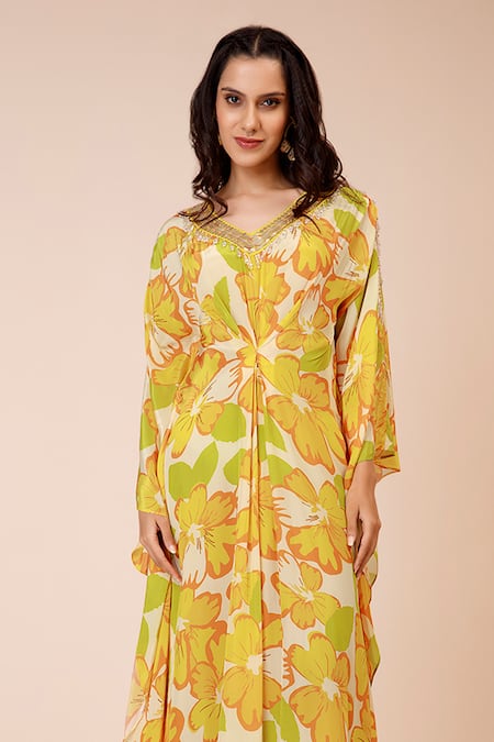 Label Niyami_Yellow Crepe Tassels V-neck Sunflower Print Batwing Sleeve Kaftan _Online_at_Aza_Fashions