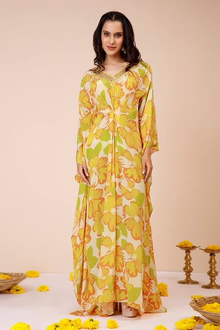 Buy_Label Niyami_Yellow Crepe Tassels V-neck Sunflower Print Batwing Sleeve Kaftan _Online_at_Aza_Fashions