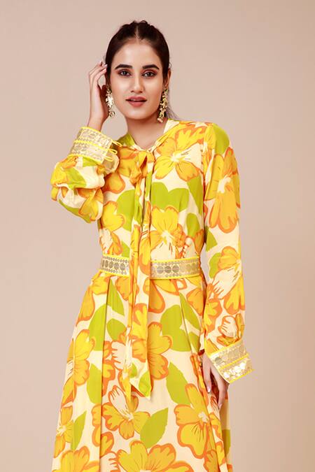 Label Niyami_Yellow Crepe Sequins Collared Sunflower Print Maxi Dress With Belt _Online_at_Aza_Fashions