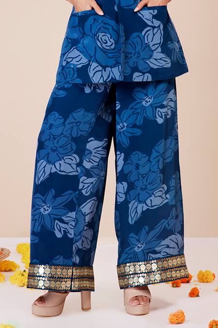 Buy_Label Niyami_Blue Crepe Sequins Blossom Print Lapel Blazer And Palazzo Set _Online_at_Aza_Fashions