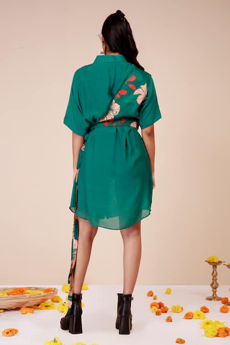 Label Niyami Hibiscus Print Green Shirt Dress 