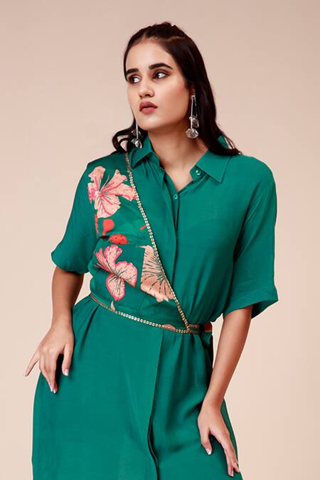 Label Niyami_Green Modal, Muslin Embroidery Collared Hibiscus Print Shirt Dress _Online_at_Aza_Fashions