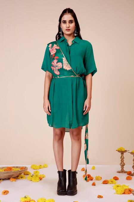 Buy_Label Niyami_Green Modal, Muslin Embroidery Collared Hibiscus Print Shirt Dress _Online_at_Aza_Fashions