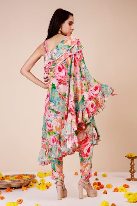 Label Niyami Floral Print One Shoulder Tunic & Pant Set 