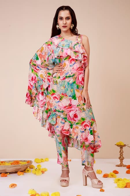 Label Niyami_Pink Crepe Embroidery One Shoulder Floral Print Tunic And Pant Set _Online_at_Aza_Fashions