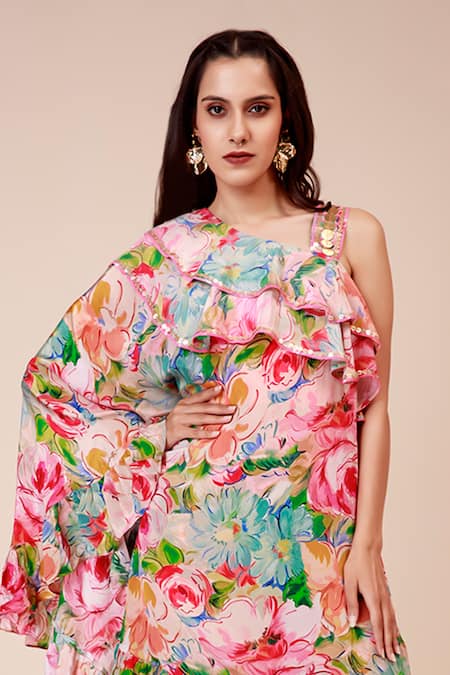 Buy_Label Niyami_Pink Crepe Embroidery One Shoulder Floral Print Tunic And Pant Set _Online_at_Aza_Fashions