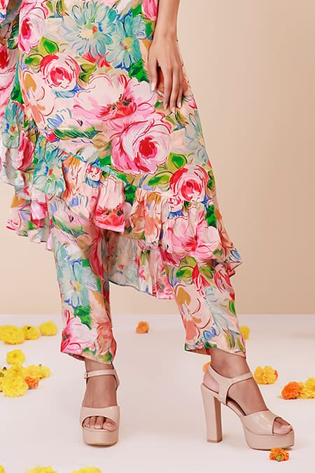 Shop_Label Niyami_Pink Crepe Embroidery One Shoulder Floral Print Tunic And Pant Set _Online_at_Aza_Fashions