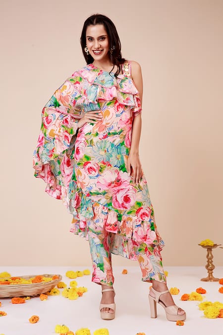 Label Niyami Floral Print One Shoulder Tunic & Pant Set 