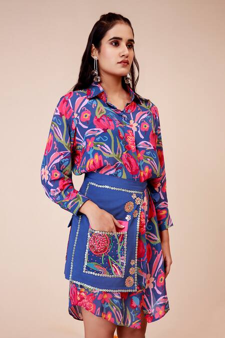 Label Niyami_Blue Modal Embroidery Collared Floral Print Shirt Dress And Waist Harness _Online_at_Aza_Fashions